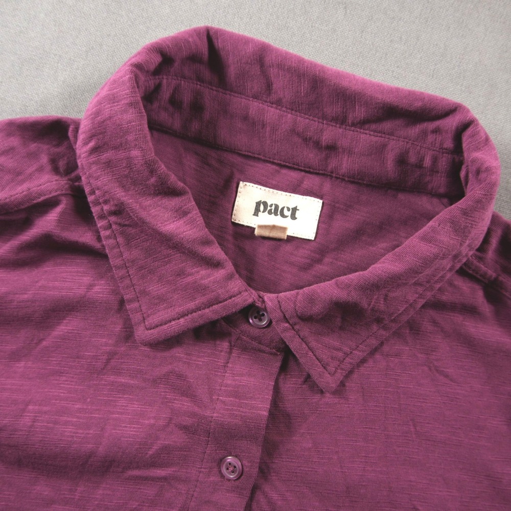 Pact Organic Cotton Slub Short Sleeve Button Down Women Collar Shirt L Oversized